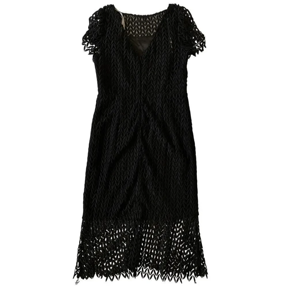 Kay Unger New York Tatum Dress Lace Overlay Short Sleeve Midi Black Size 10